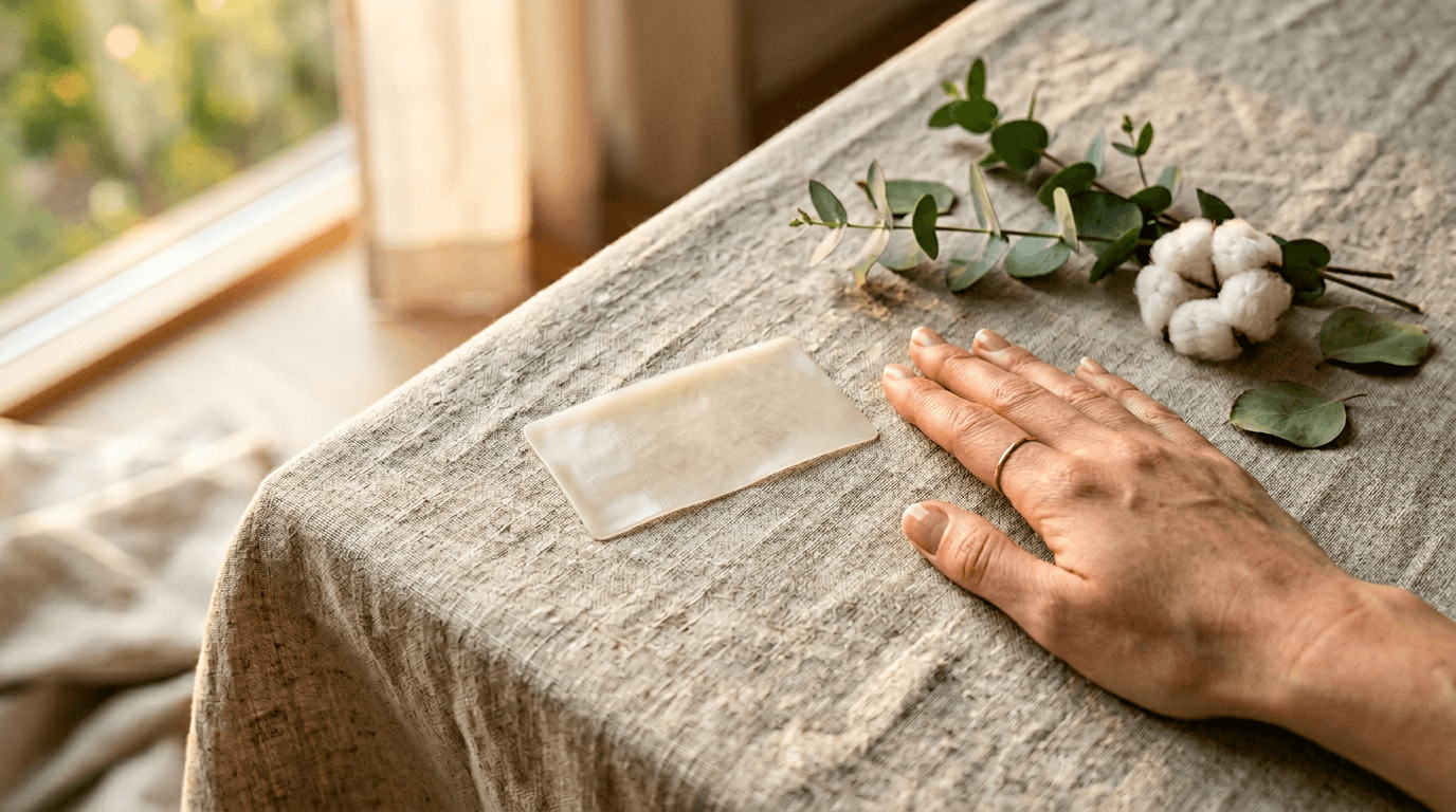 Bask Gentle Liner on a natural linen surface with warm golden lighting